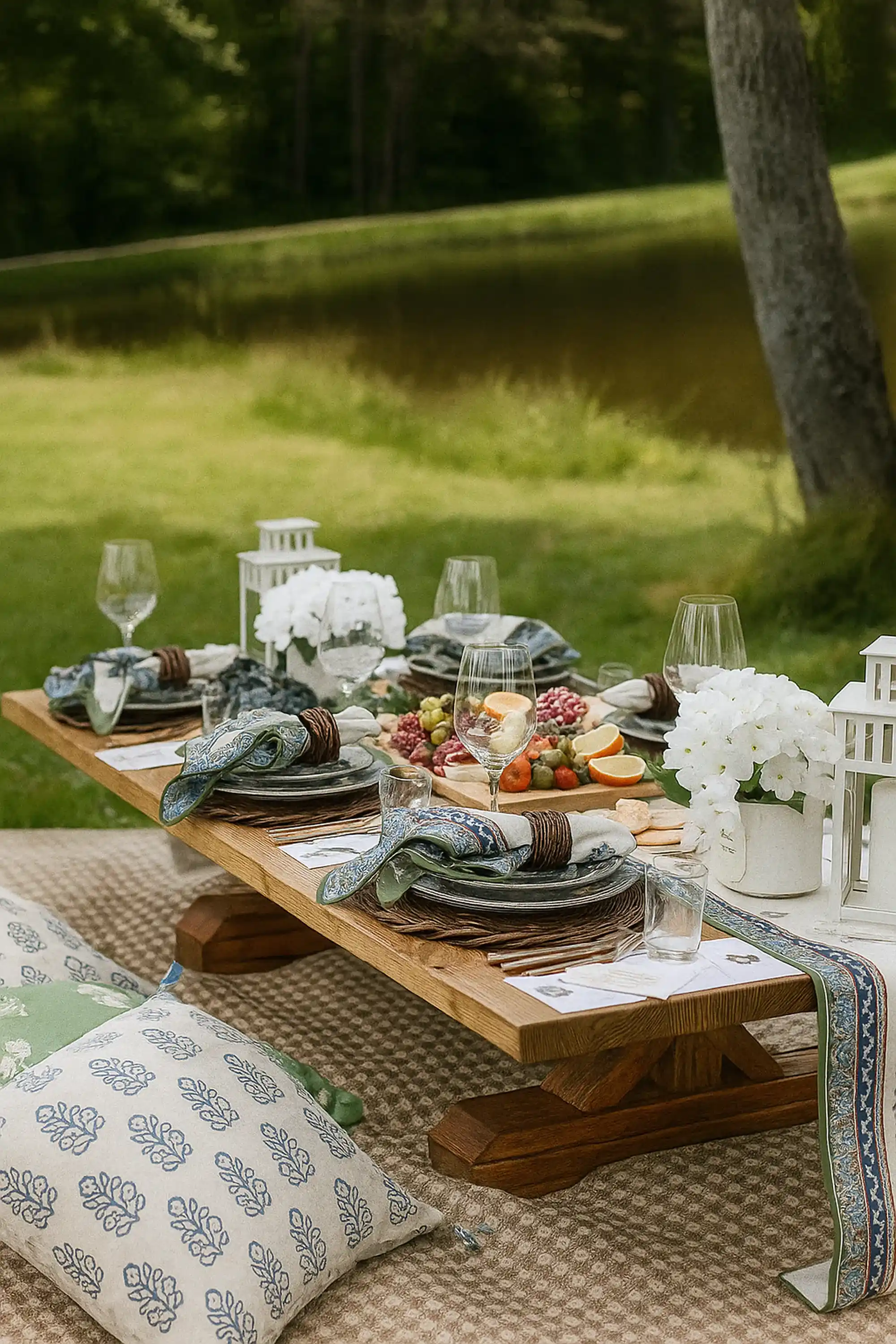 A picnic table set with a vibrant blanket and plush pillows, creating a comfortable outdoor dining space.