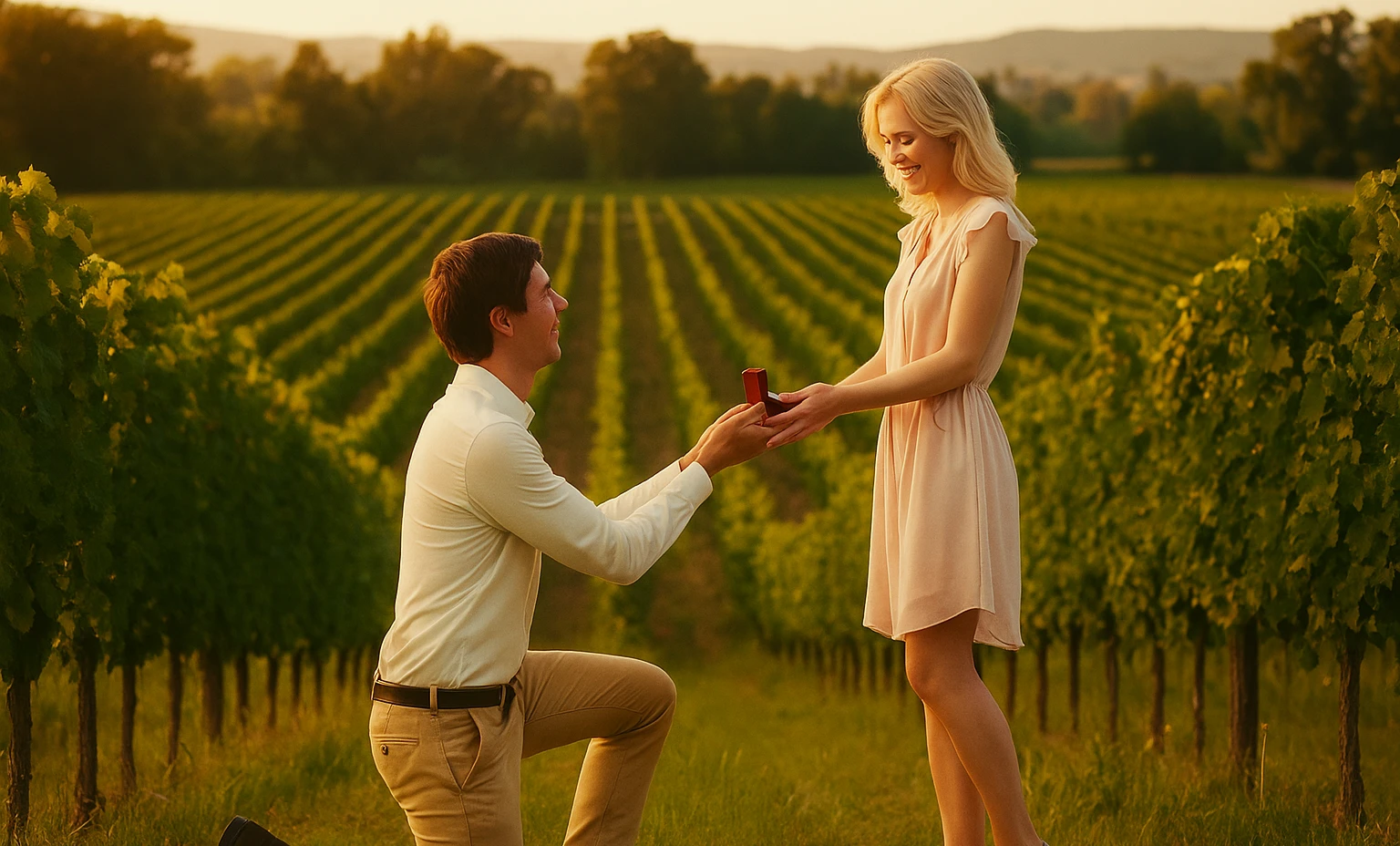 The bride and groom walk together through a scenic vineyard, with green grapevines stretching out on either side.