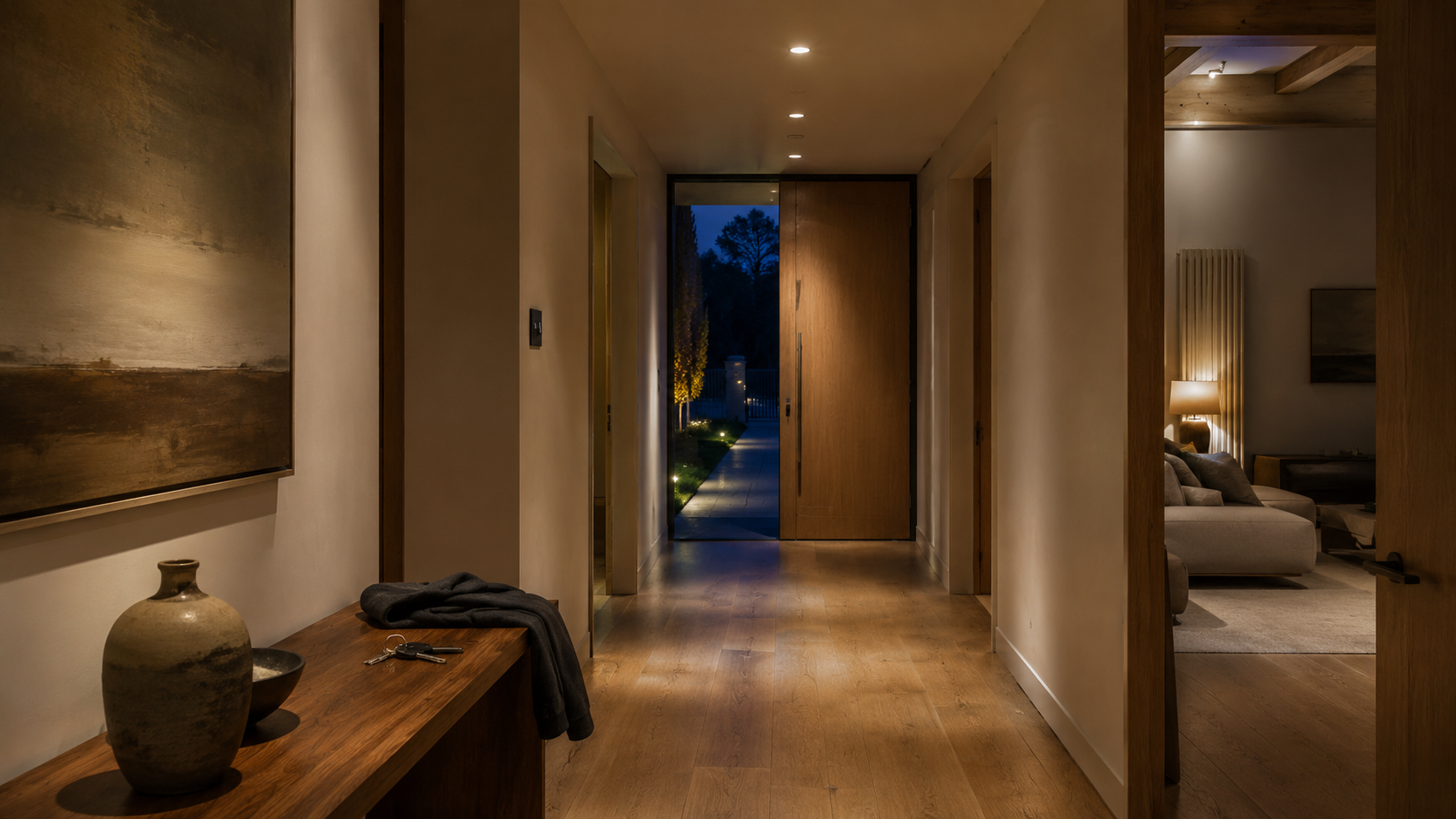 Arrival — hallway at dusk