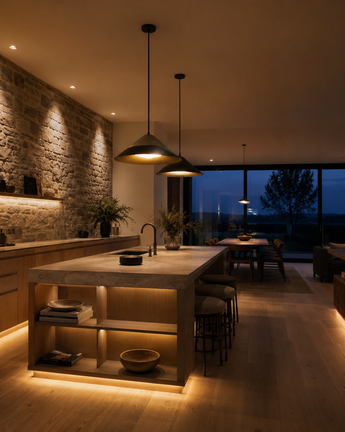 A modern kitchen at dusk — warm pendant lights over a stone island, accent-lit feature wall, and under-cabinet glow.