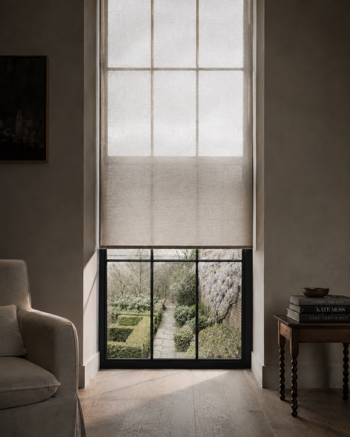 Daylight filtered through fabric shades — soft, diffused light across a residential interior.