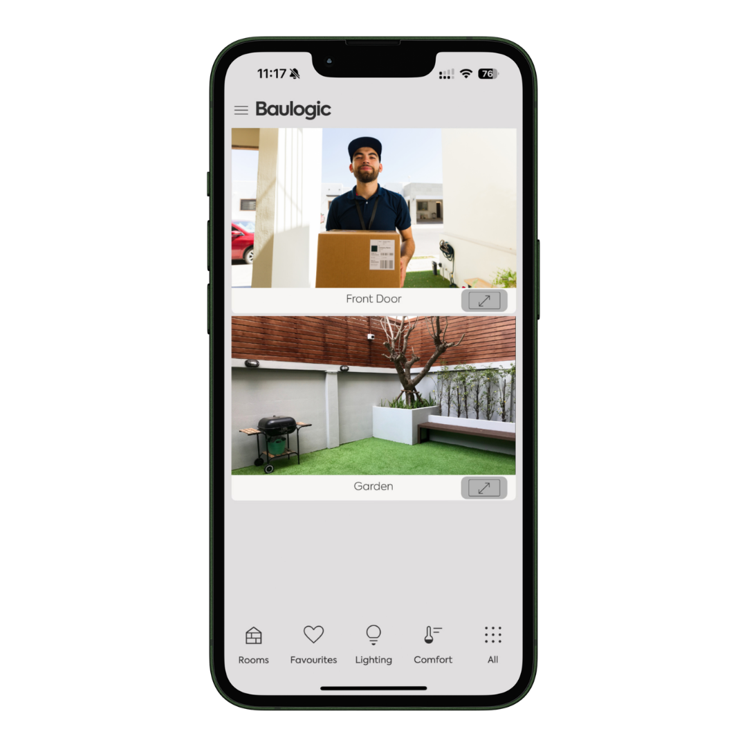 Baulogic security app showing Front Door and Garden camera feeds.