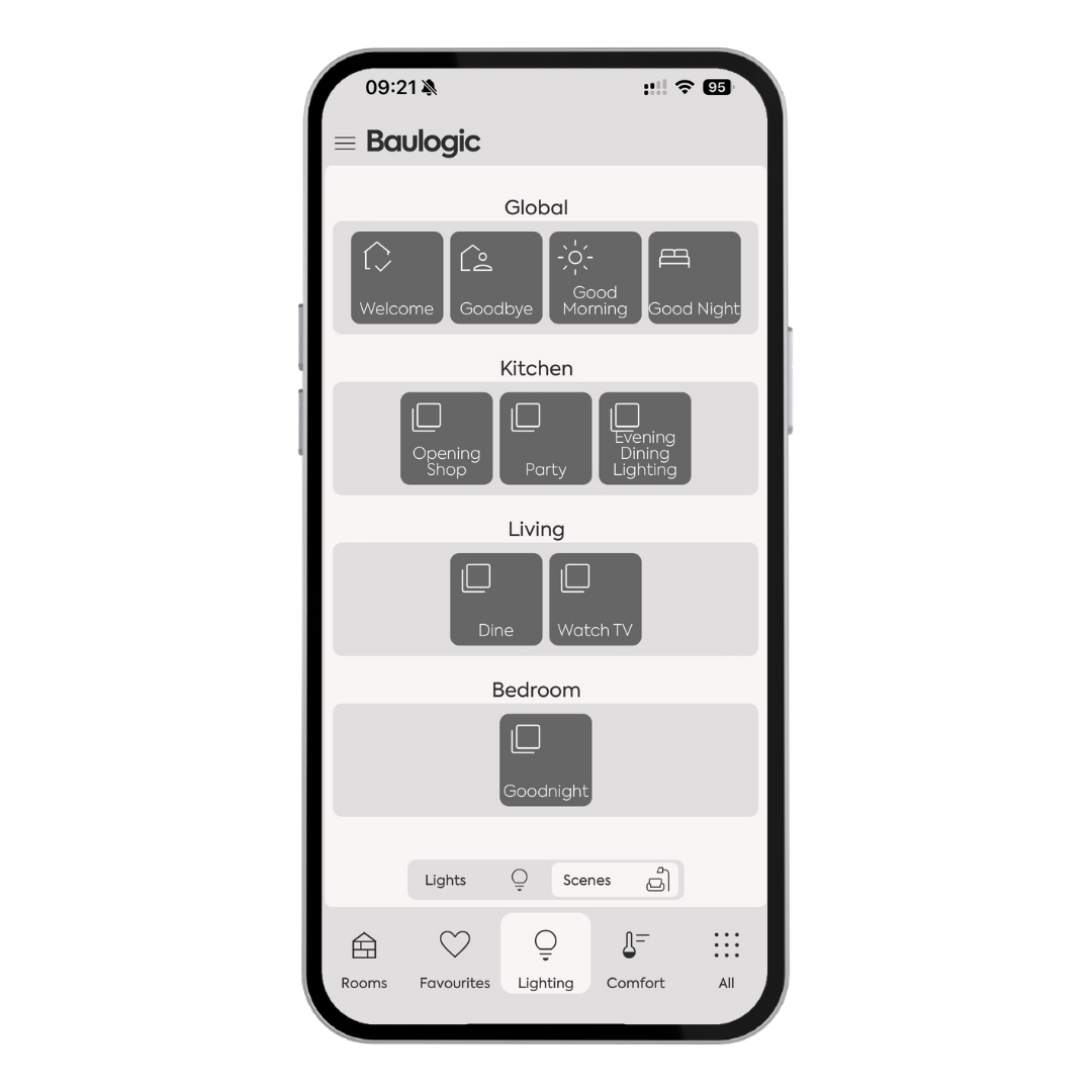 Baulogic lighting app showing global, kitchen, living and bedroom scenes.