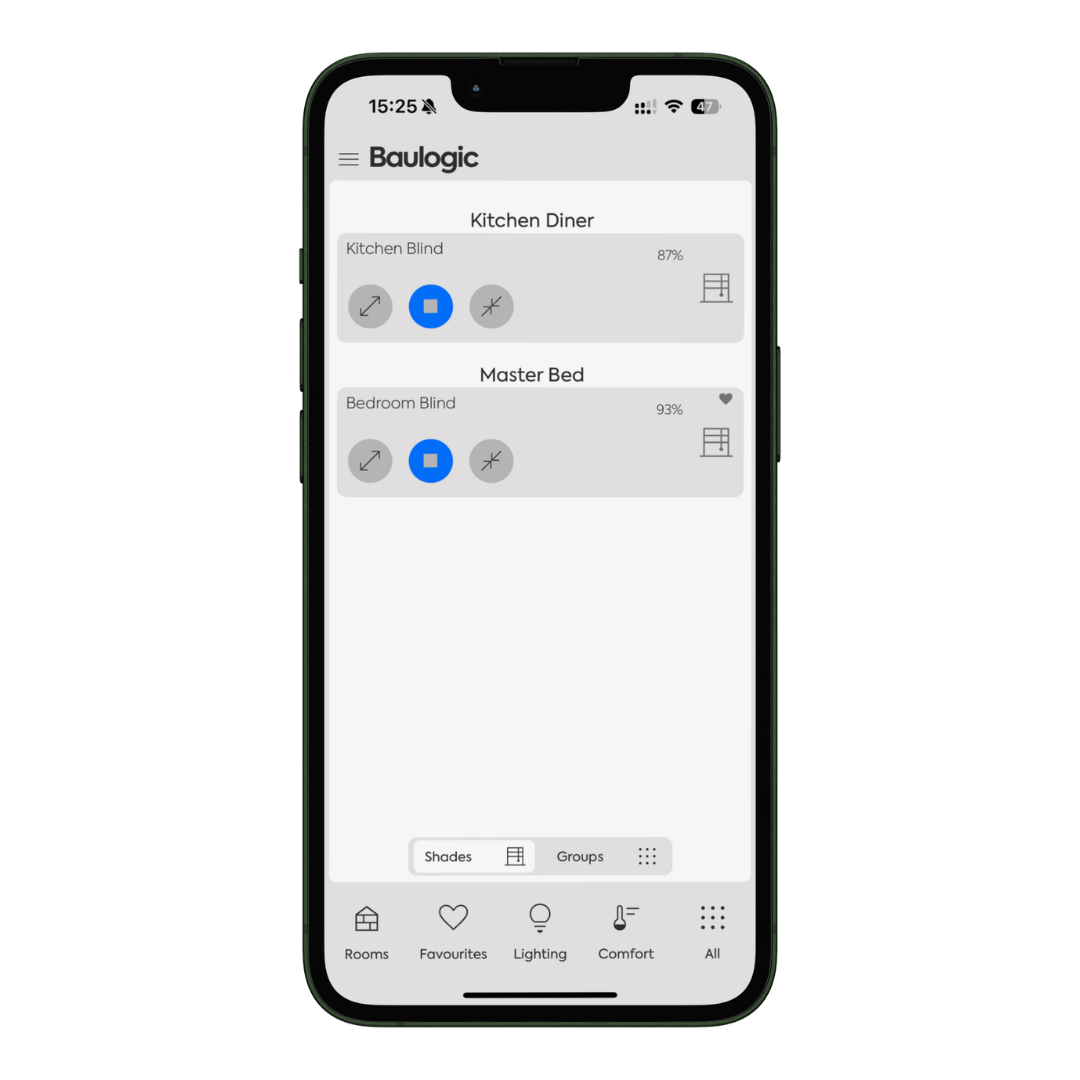Baulogic shades app showing kitchen and bedroom blind positions.