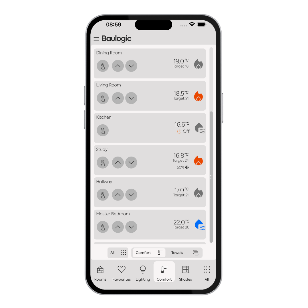 Baulogic comfort app showing room-by-room temperatures and targets.