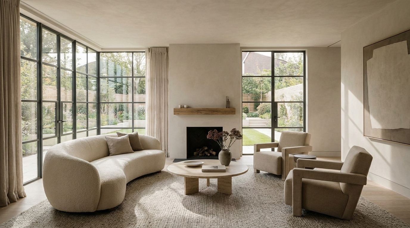 Naturally lit premium new-build living space with high-end minimal finishes