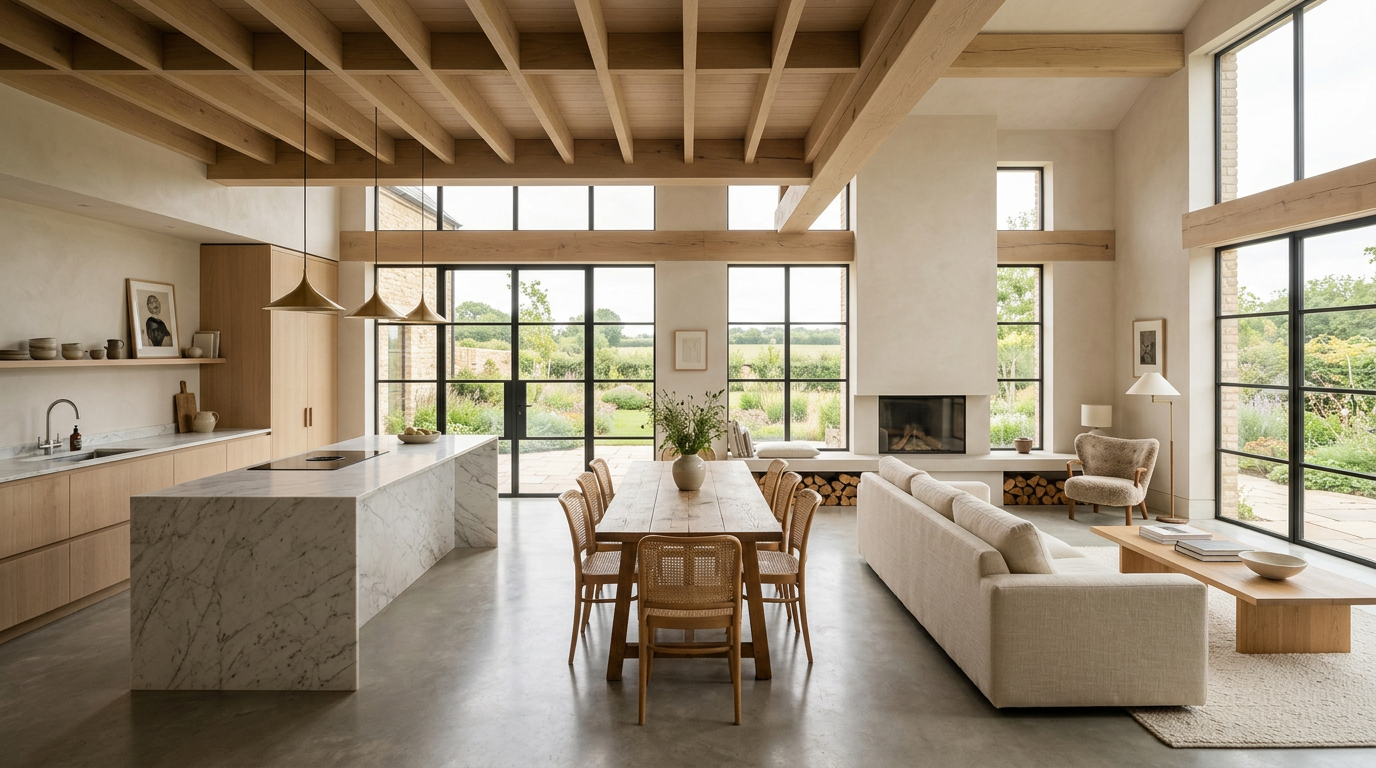 Calm, light-filled interior of a premium UK self-build home with KNX home automation by Baulogic