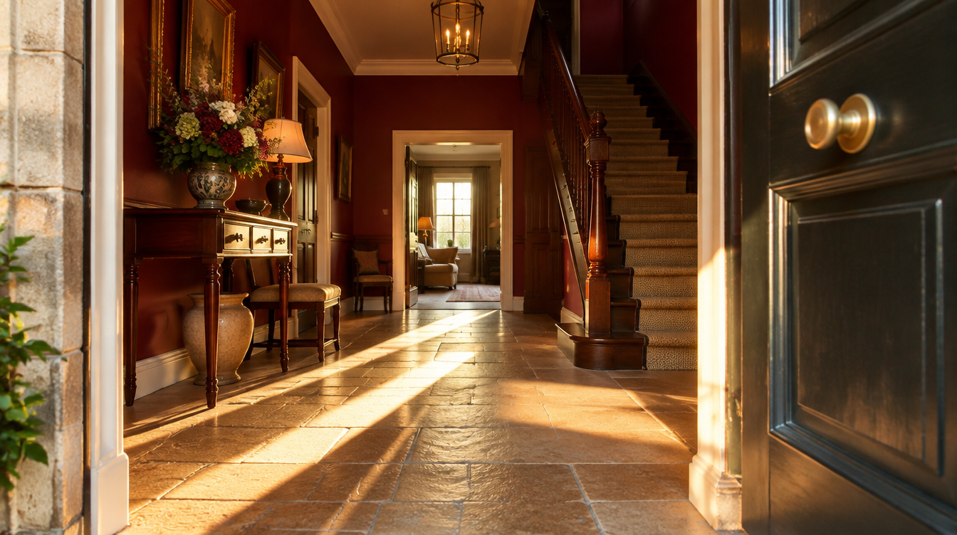 Golden-hour entrance hall of a country house show home, stone flagstones and oxblood walls with warm light falling across the floor