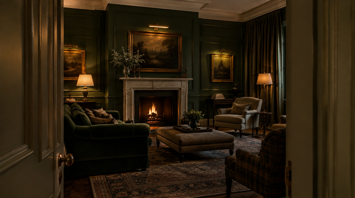 Deep green panelled Georgian drawing room lit by lamps and an open fire, the kind of premium interior buyers expect integrated technology in