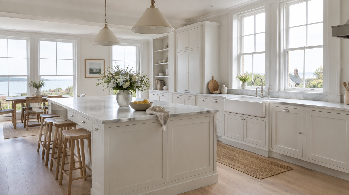 Bright white coastal kitchen in a premium UK new build, the kind of lifestyle photography that markets a connected home to buyers