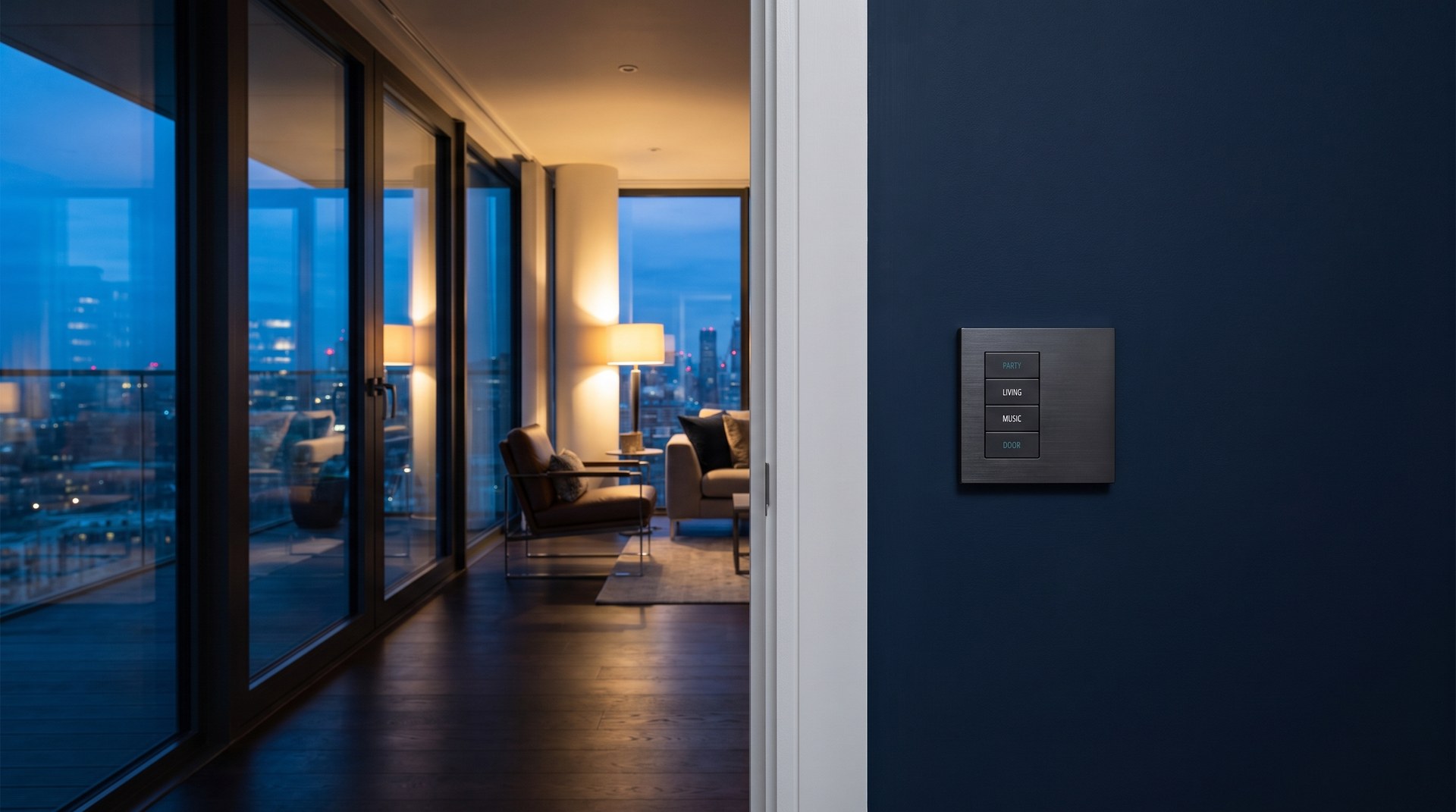 Navy-walled city apartment at dusk with a flush four-button lighting scene switch by the door and the living space beyond