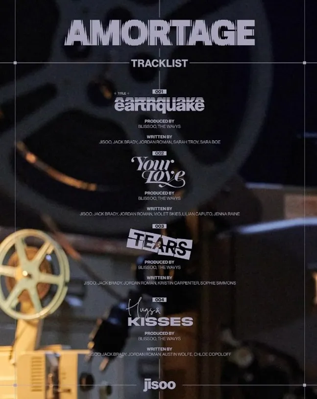 Visual tracklist for Jisoo’s AMORTAGE album featuring song titles Earthquake, Your Love, Tears, and Kisses.
