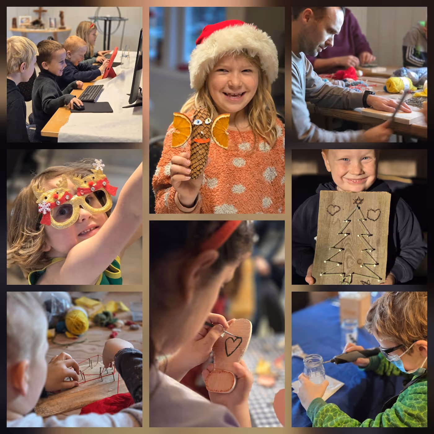 Bildecollage av diverse aktiviteter arrangert gjennom juleverkstedleiren.