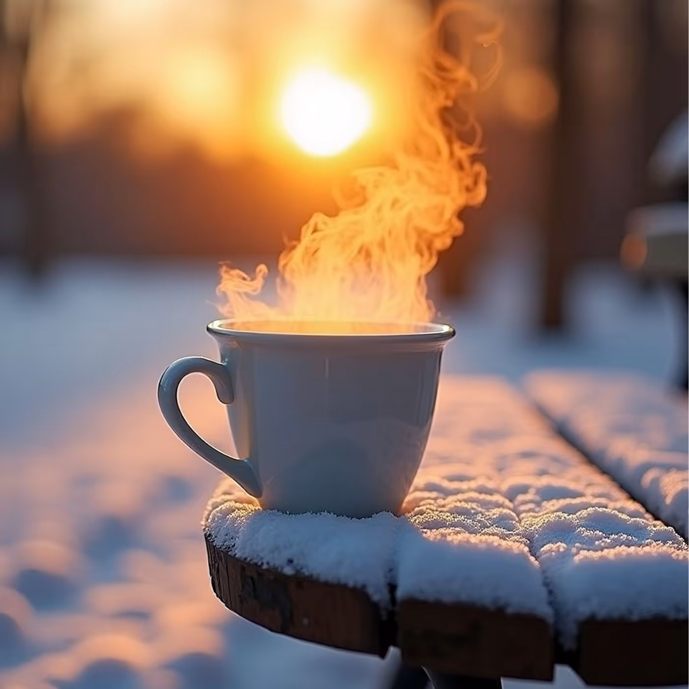 Bildet viser en kaffekopp med varm kaffe stående ute på et bord, omgitt av snø.
