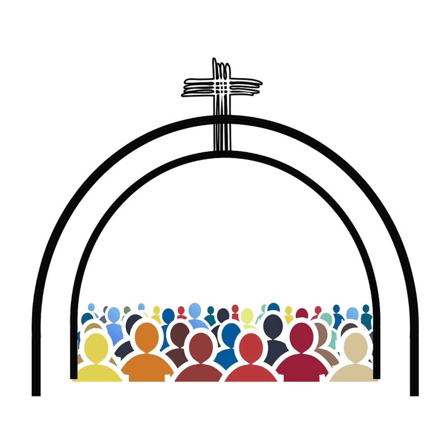 Bildet viser en tegnet illustrasjon av en forsamling under en bue med et kors på toppen