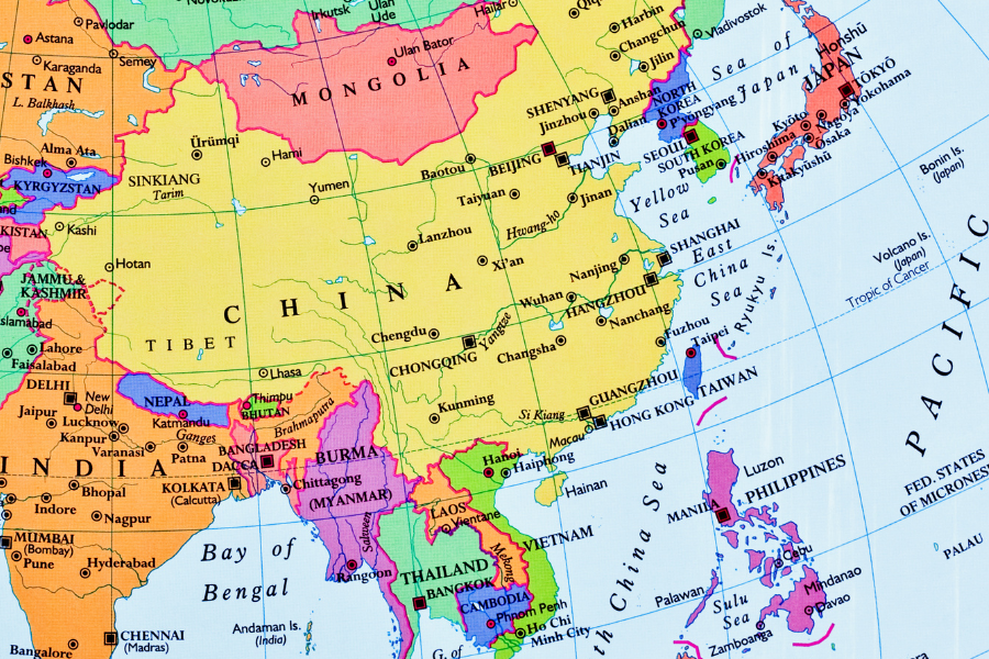 Bildet viser et kartutsnitt av Asia