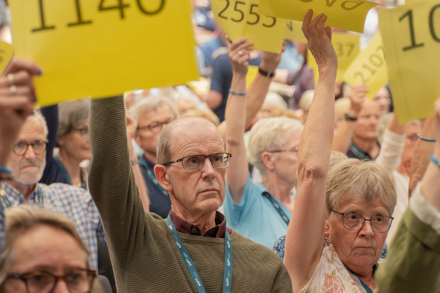 Bildet viser en delegat som avgir stemme under en avstemming