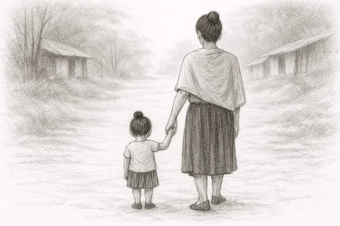 Bildet viser en tegning som skal forestille Hanna og hennes fire år gamle barn, gående, sett bakfra