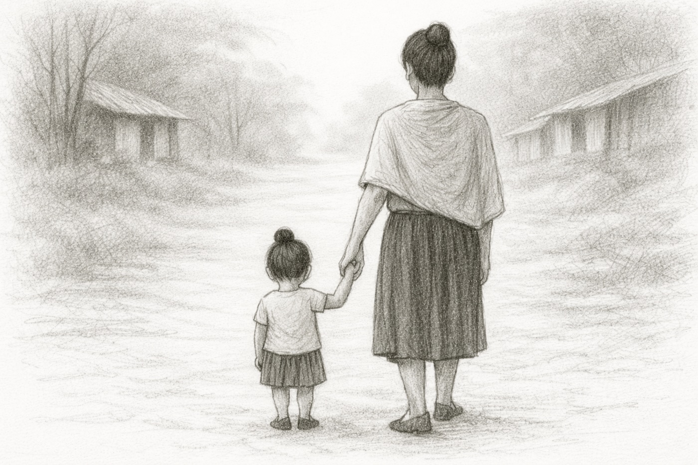 Bildet viser en tegning som skal forestille Hanna og hennes fire år gamle barn, gående, sett bakfra