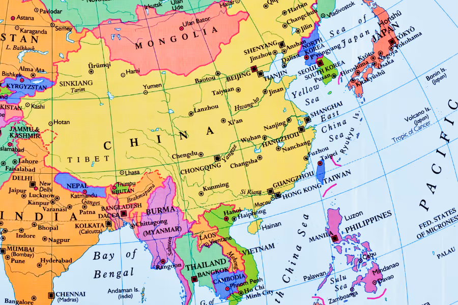 Bildet viser et kartutsnitt over Asia