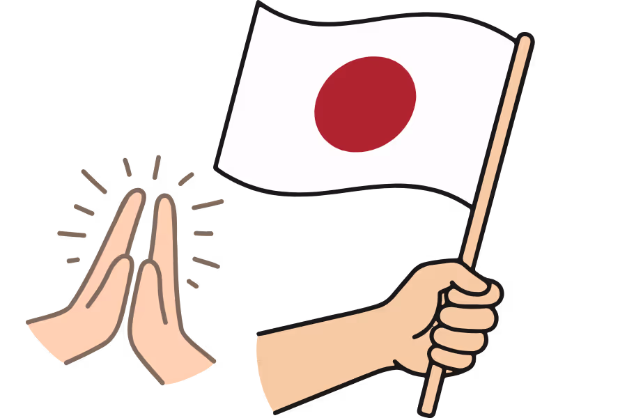 Bildet viser en illustrasjon av foldede hender og det japanske flagget