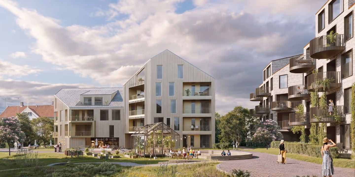 Bildet viser en illustrasjonstegning over nye boliger på Misjonsmarka i Stavanger
