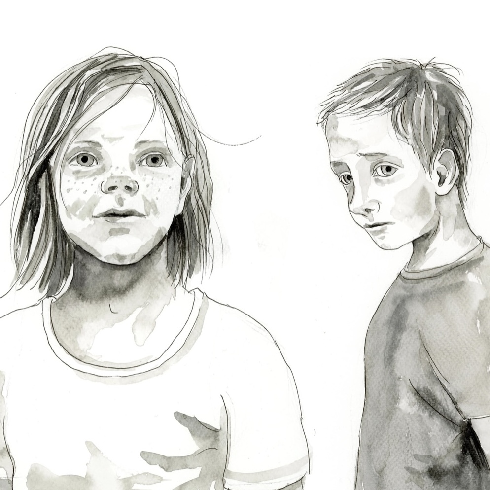 Bildet viser en tegning av en gutt og en jente