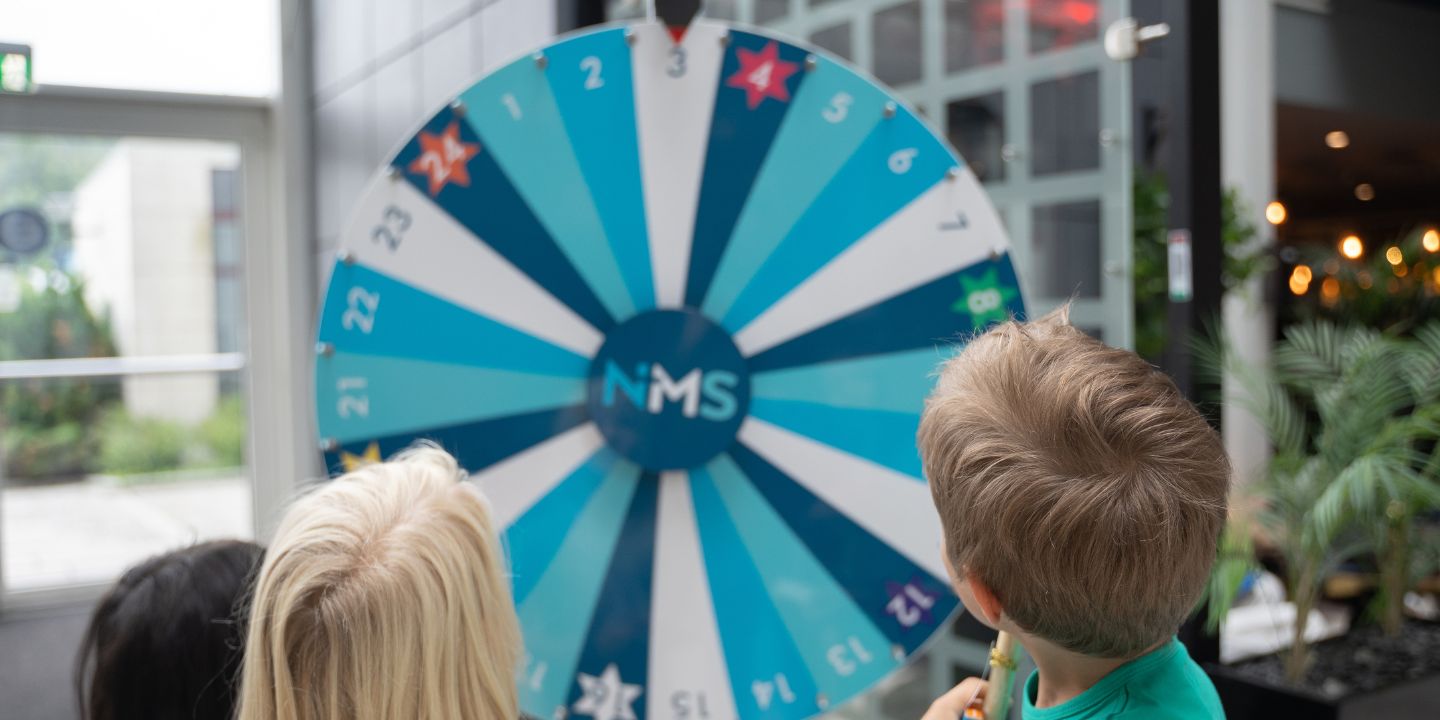 Bildet viser bakhodet til to barn som ser mot et NMS-lykkehjul