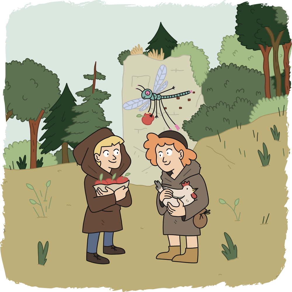 Illustration de deux personnages en costume médiéval observant un oiseau en vol dans une forêt, évoquant la vie seigneuriale et la nature sauvage de la vallée de la Sarine à Arconciel.