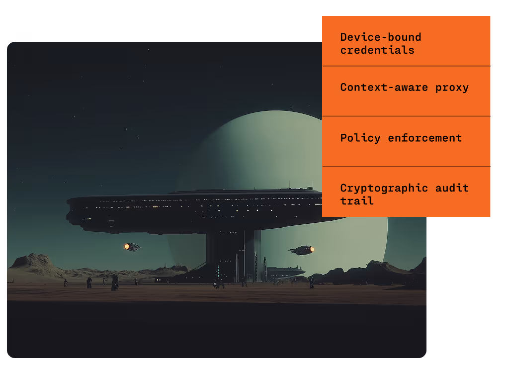 A flowchart detailing user group settings, showing ‘Executive User Group’ with a checkmark, and three items below: ‘Biometric Enabled,’ ‘OS Version’ with an Apple logo, and ‘Crowdstrike’ with an indicator. Keywords include Device trust, MFA, TPM, and Identity Defense.