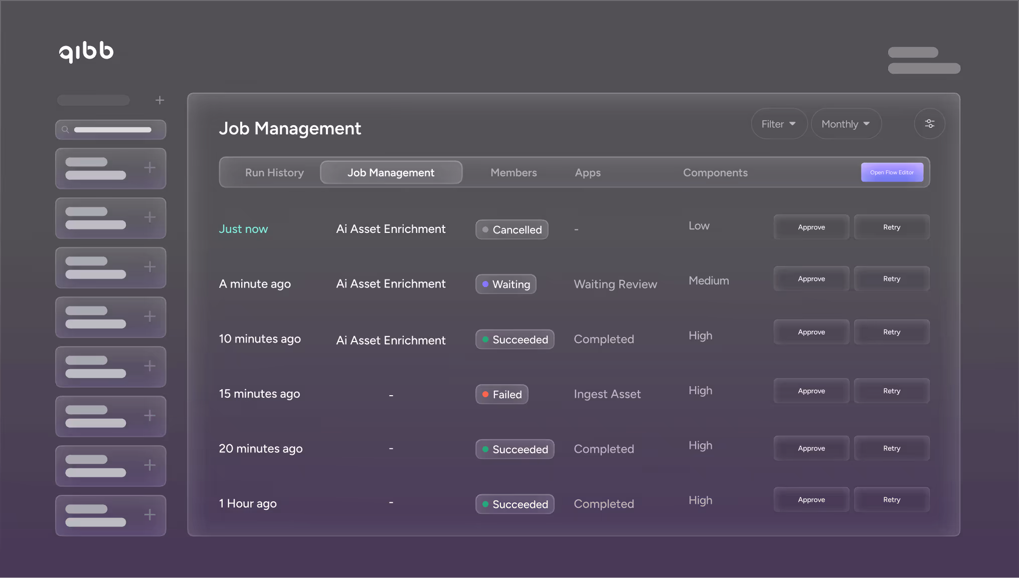 qibb Job Management dashboard showing AI asset tasks with real-time status, priority, and action buttons.