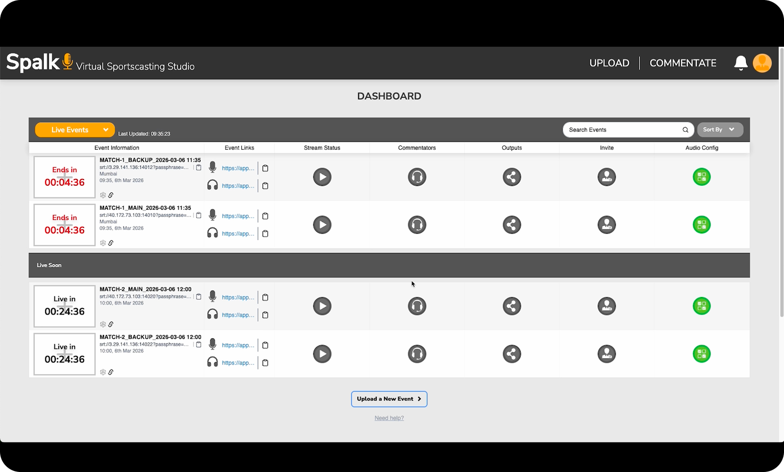 Spalk remote commentary dashboard showing linked main and backup live events