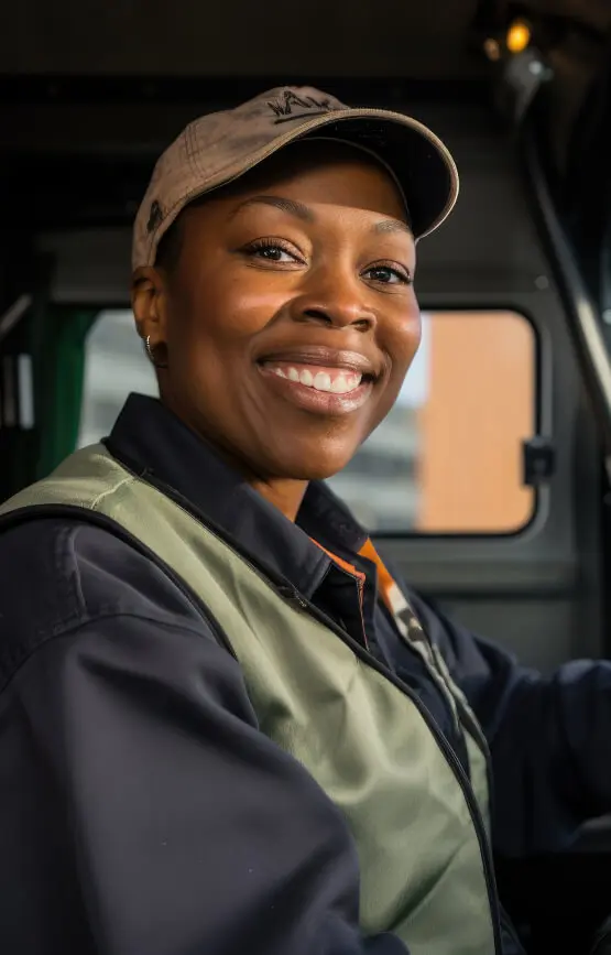 Woman smiling from a vehicle window.