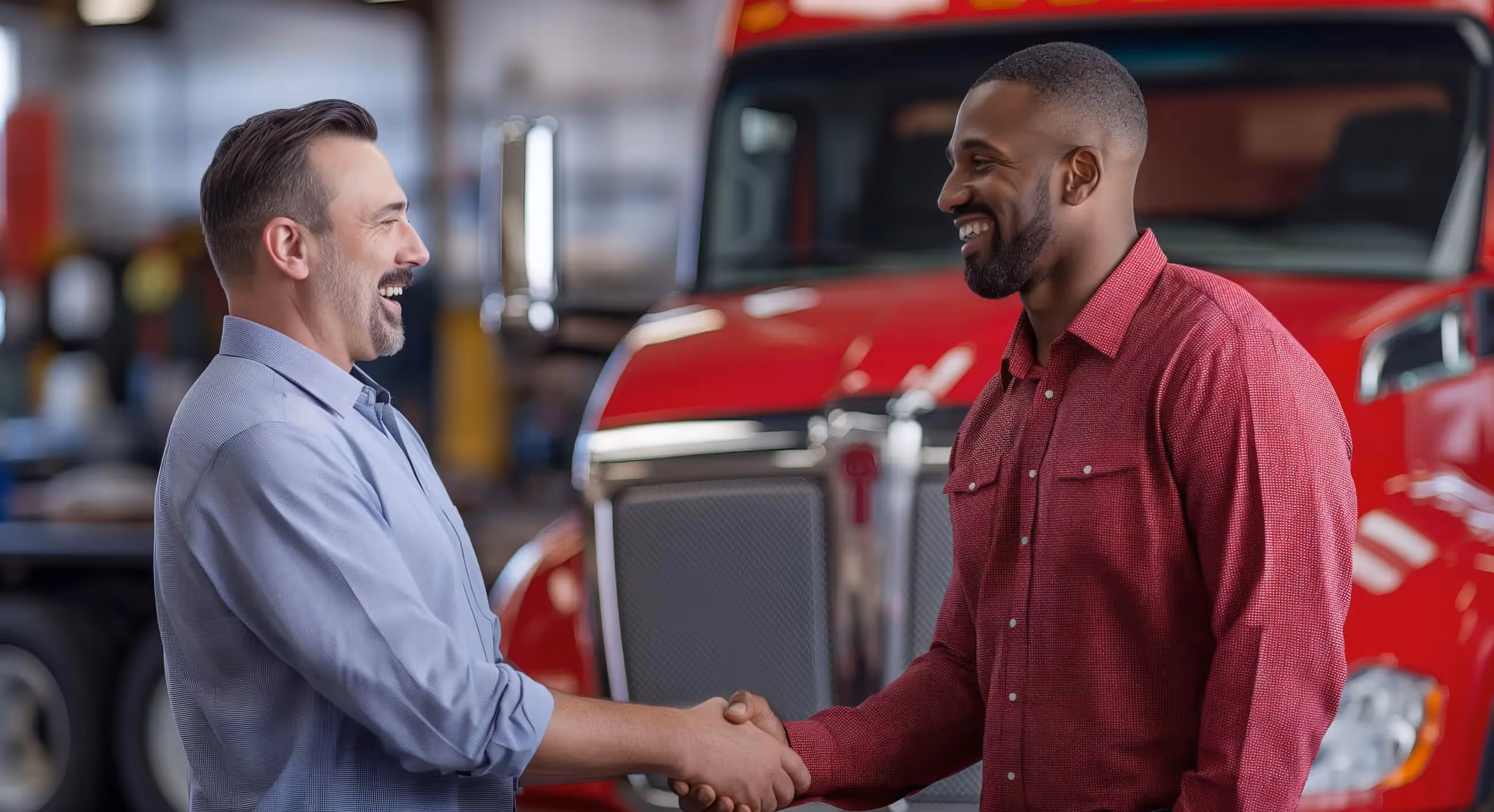 Photo of 2 people shaking their hands with a truck in the background