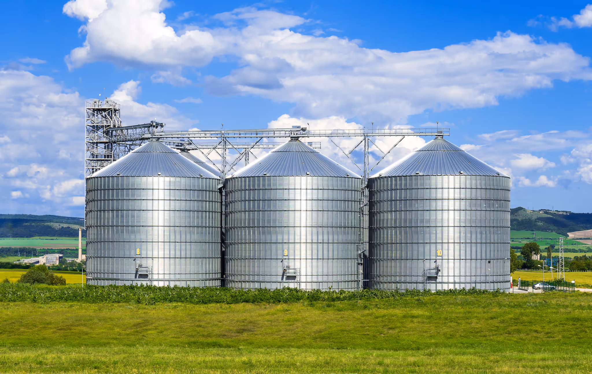 Large industrial grain bins