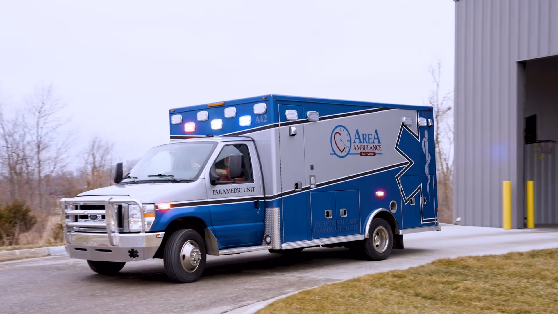 area ambulance leaving garage