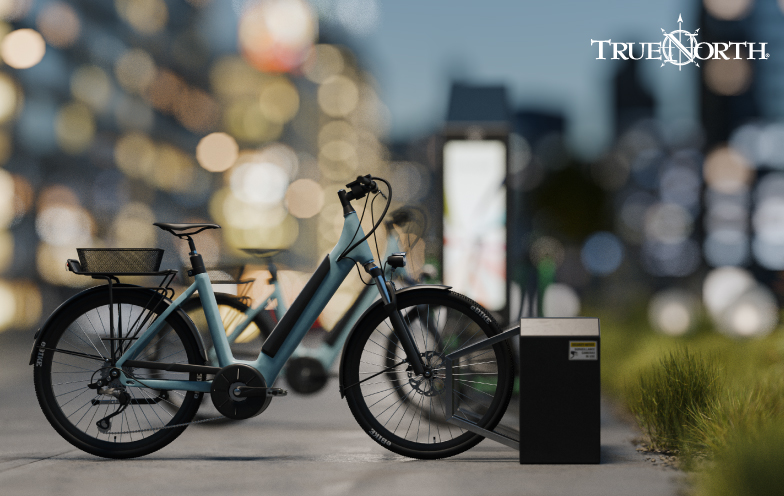A parked e-bike with a metropolitan background.