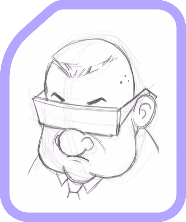 Black and white sketch of a stern-faced man with a large nose wearing rectangular glasses and a collared shirt.