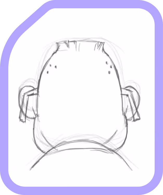 Sketch of a bald man with a large nose wearing rectangular futuristic glasses and a collared shirt.