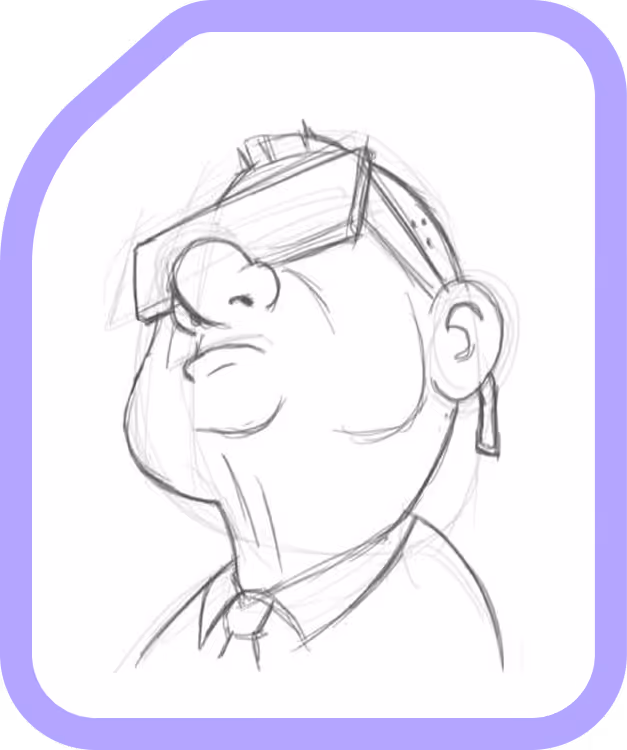 Sketch of a serious man with a large nose, wearing rectangular glasses and a tie.