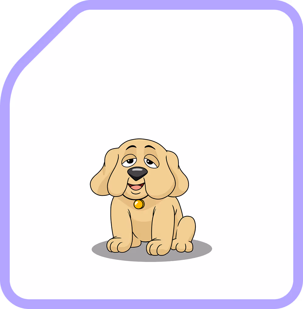 Cartoon beige dog with floppy ears sitting on a gray shadow on a white background with a purple border.