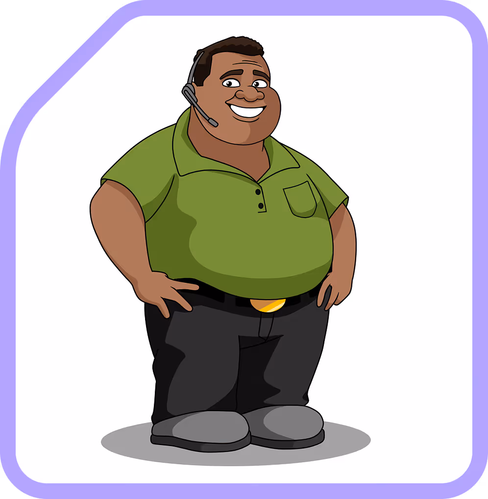 Cartoon of a smiling man with a headset, wearing a green polo shirt and black pants.