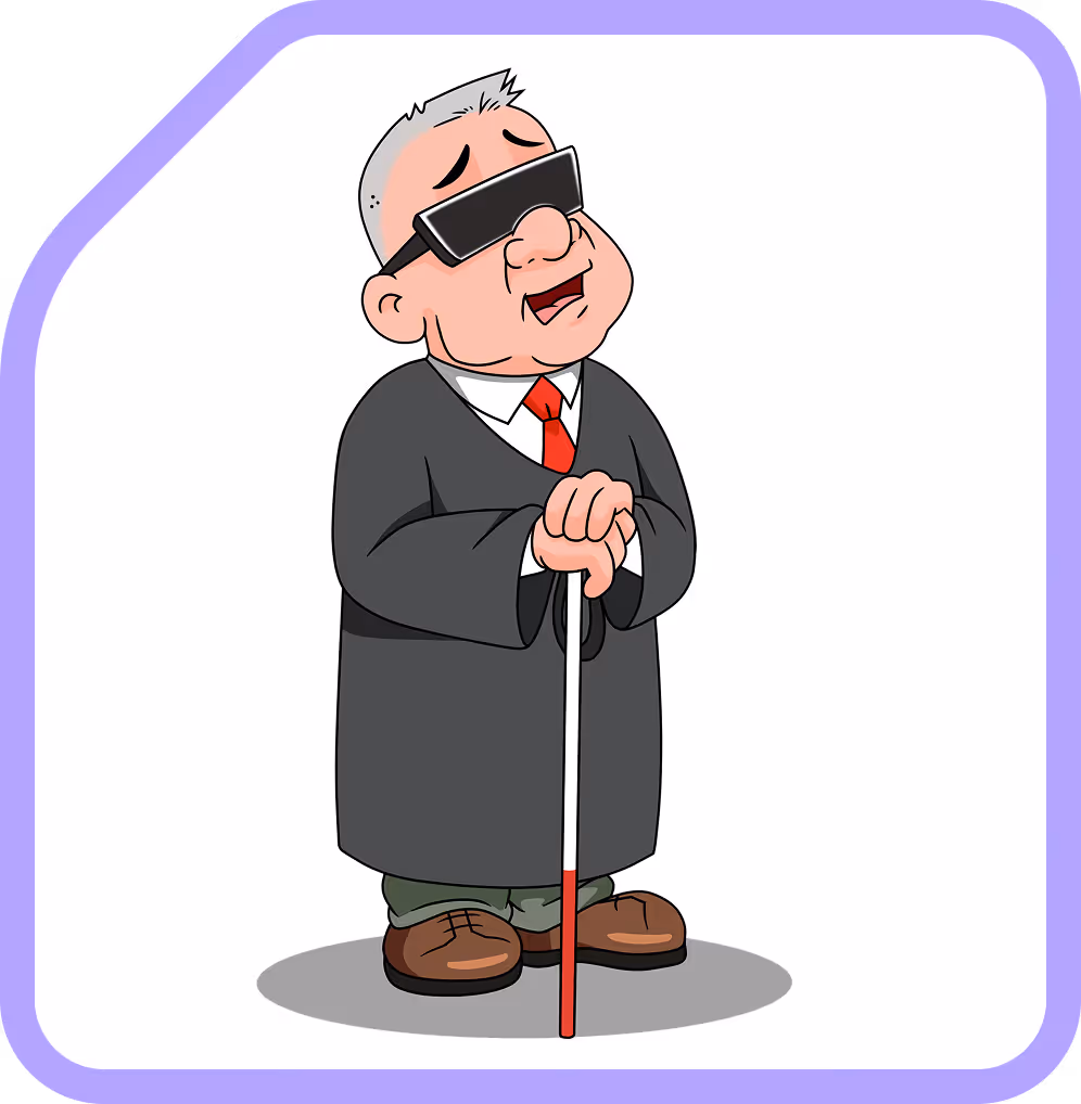 Cartoon of a blind elderly man wearing dark sunglasses and a suit, holding a white cane with a red tip.