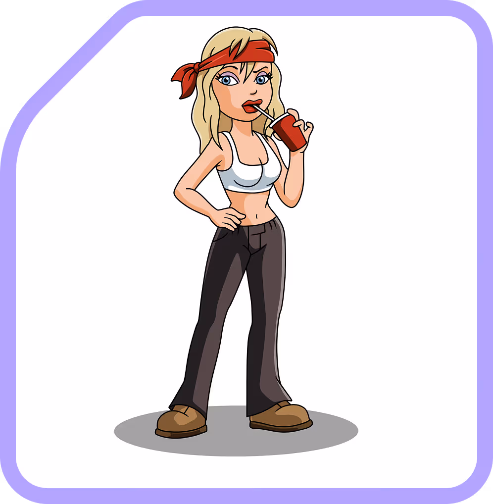 Cartoon woman with long blonde hair wearing a red headband, white crop top, black pants, and brown shoes, sipping a drink from a red cup with a straw.