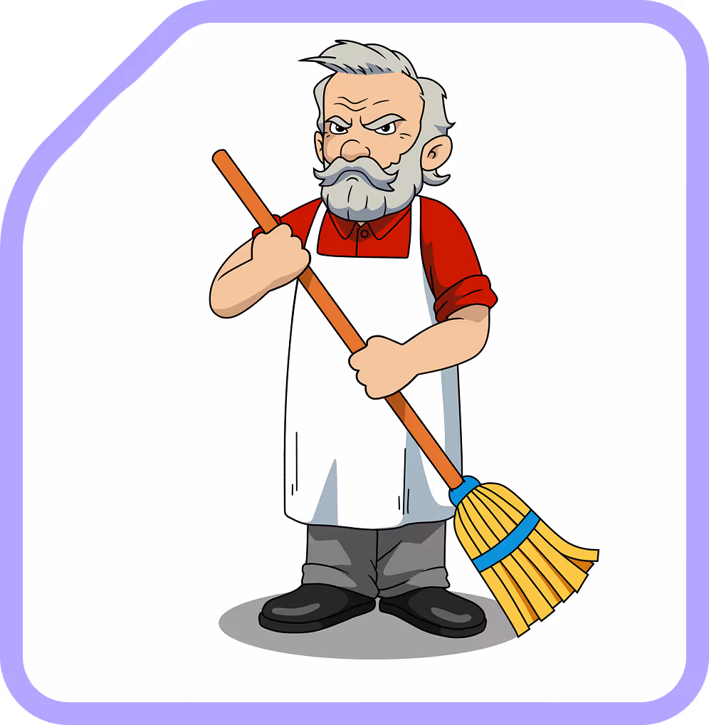 Cartoon of a serious older man with gray hair and mustache wearing a red shirt and white apron holding a broom.