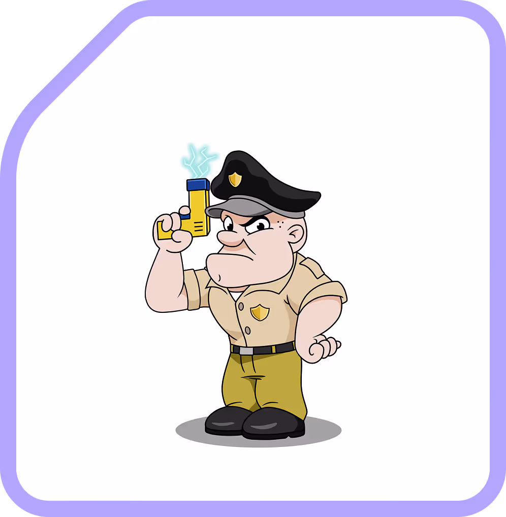 Cartoon police officer with a stern expression holding a yellow stun gun emitting electric sparks.
