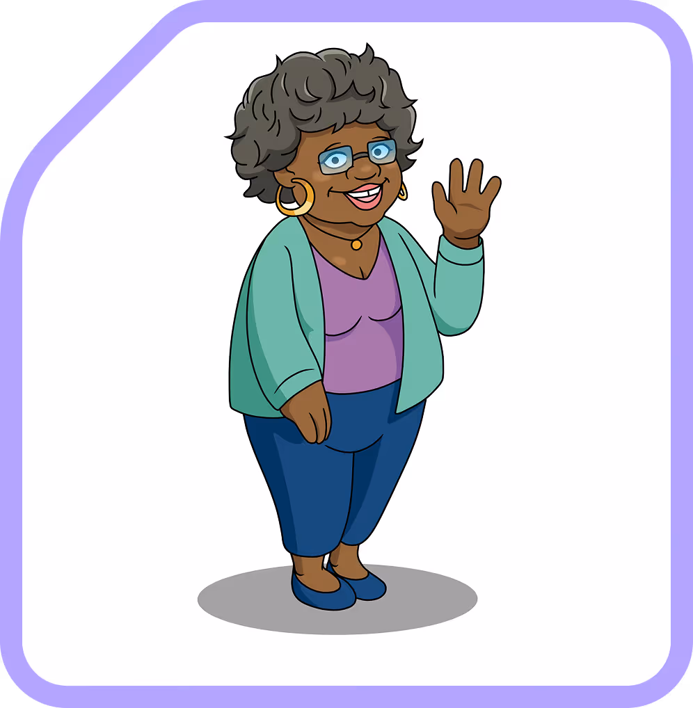 Cartoon of a smiling older woman with gray curly hair, wearing glasses, a mint green cardigan, purple top, blue pants, blue shoes, and gold hoop earrings, waving.