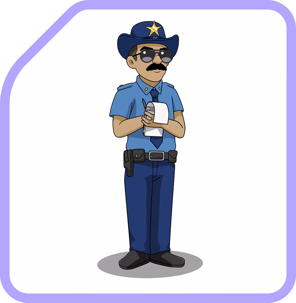 Cartoon police officer with sunglasses and mustache, holding a notepad and pen, wearing a blue uniform and hat with a gold star.