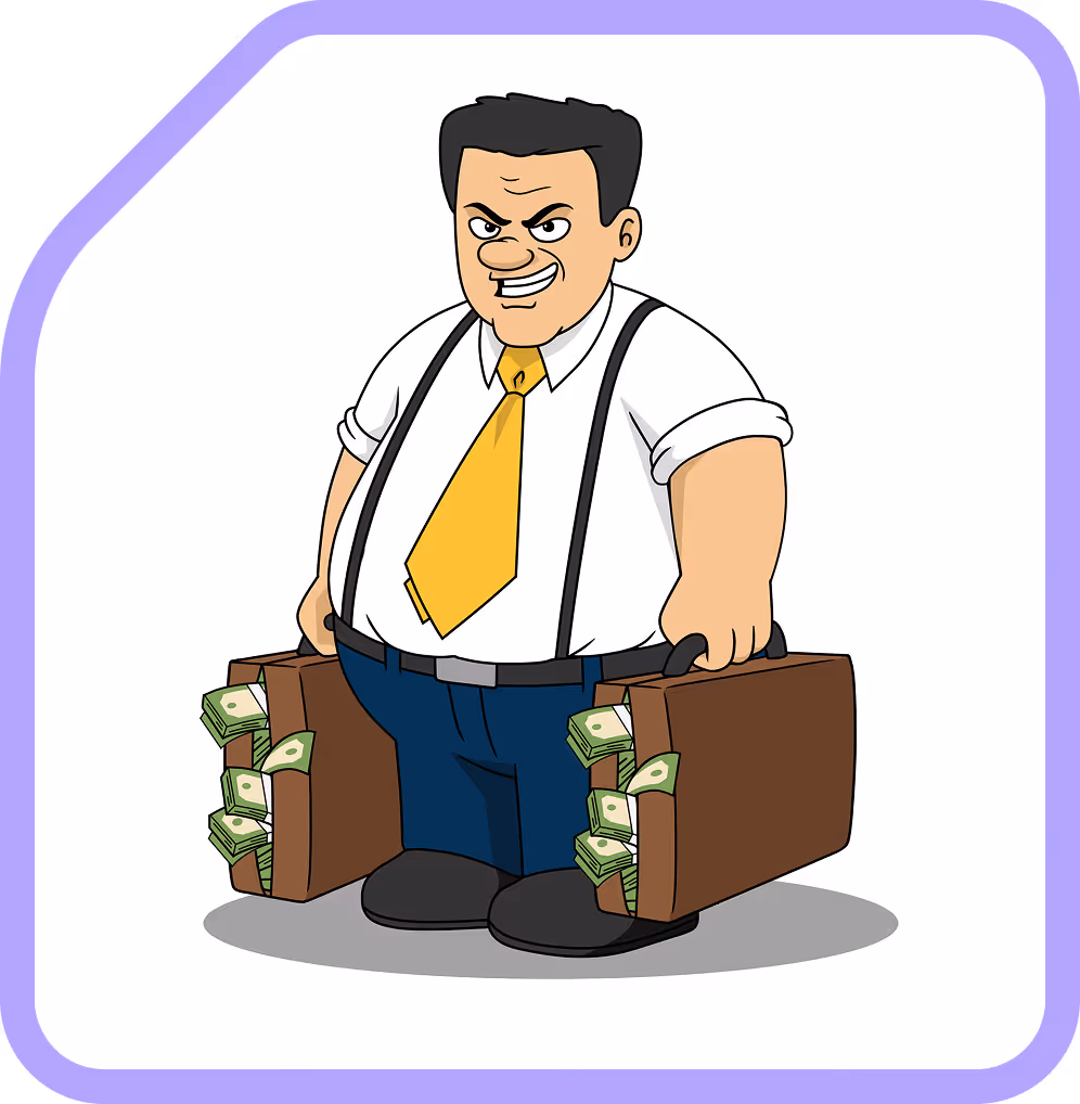 Cartoon of a confident businessman wearing a yellow tie and suspenders, holding two briefcases stuffed with cash.