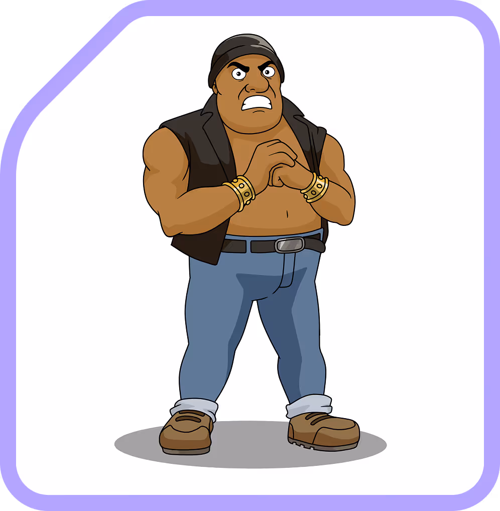 Muscular cartoon man with a black beanie, sleeveless vest, blue jeans, and brown boots, clenching his hands and looking angry.